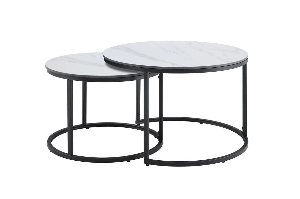 Estila Moderná sada bielych okrúhlych konferenčných stolíkov Ceramia Blanca so sivým mramorovaním a čiernou podstavou 47 cm