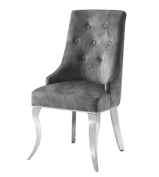 Estila Glamour sivá jedálenská stolička Modern Barock potiahnutá zamatom s prešívaním s chrómovými striebornými nožičkami 100cm 1