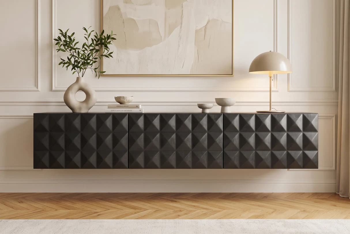 Estila Dizajnový masívny nástenný TV stolík Vinan s tromi dvierkami a geometrickým plastickým reliéfom v čiernej farbe 160 cm