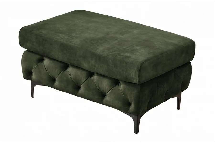 Estila Moderná glamour obdĺžniková taburetka Modern Barock so zeleným zamatovým poťahom a chesterfield prešívaním na nožičkách 95 cm