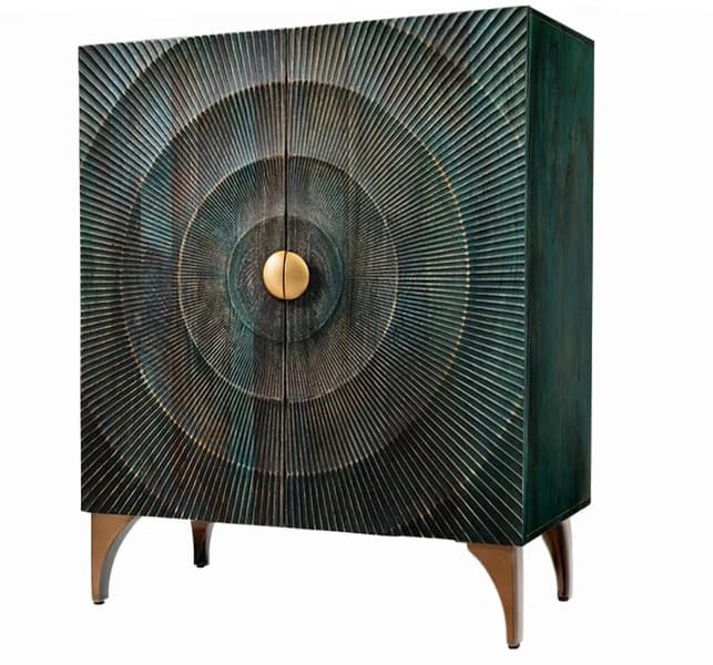 Estila Dizajnová art deco dvojdverová barová skrinka Cumbria v tyrkysovej farbe so zlatými detailmi a reliéfom s motívom slnka 120 cm 1