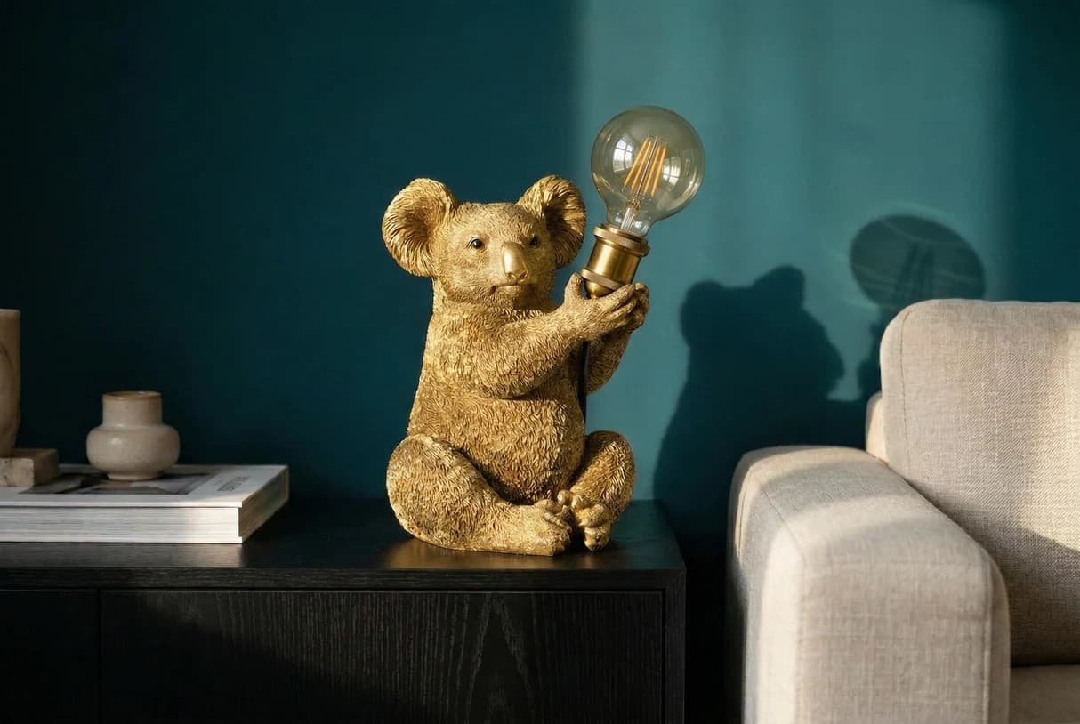 Estila Dizajnová glamour stolná lampa Tierra Glam v zlatej farbe v podobe sediacej koaly držiacej okrúhle sklenené tienidlo 34 cm 1