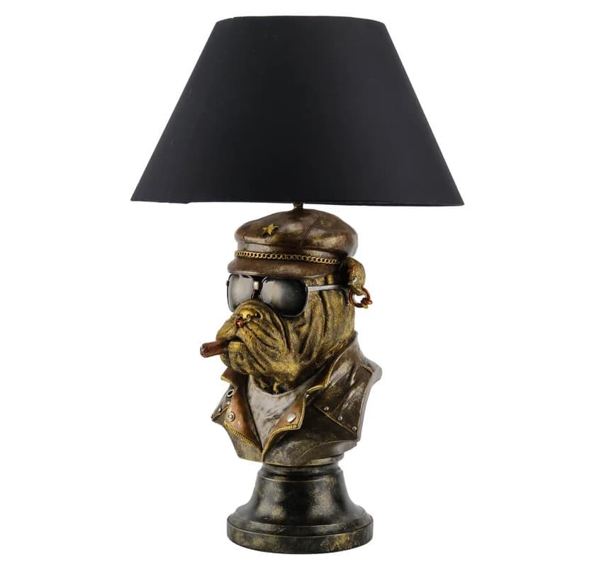 Estila Dizajnová stolná lampa Pop Atelier s bronzovou bustou buldoga s cigarou v pop art štýle a čiernym textilným tienidlom 55 cm 1
