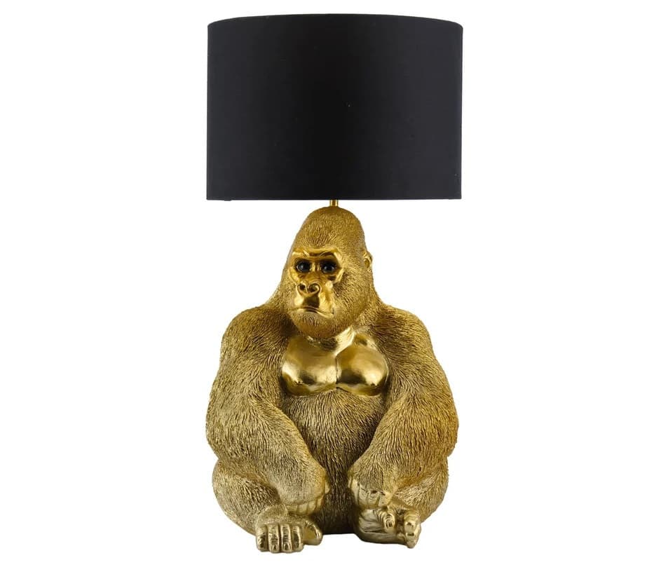 Estila Dizajnová glamour stolná lampa Tierra Glam so zlatou podstavou v podobe sochy sediacej opice s čiernym tienidlom 54 cm 1