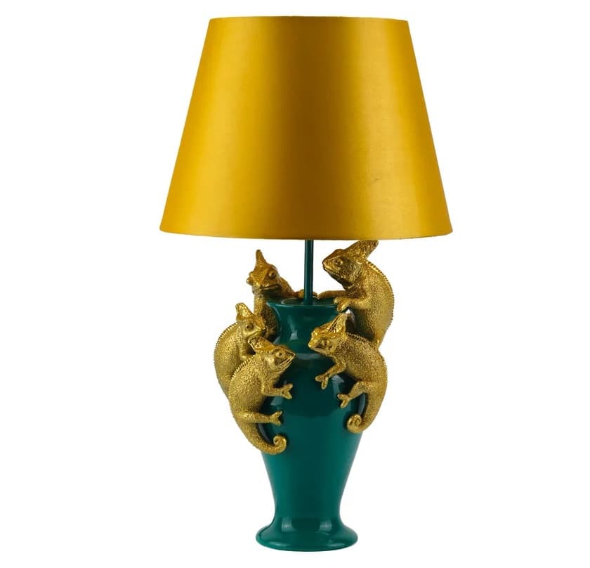 Estila Dizajnová art deco stolná lampa Tierra Glam v zlatej a zelenej farbe s dekorom piatich figúr chameleónov 54 cm