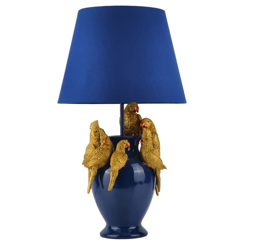Estila Dizajnová glamour stolová lampa Tierra Glam v kráľovskej modrej farbe s figúrami papagájov v zlatej farbe 55 cm