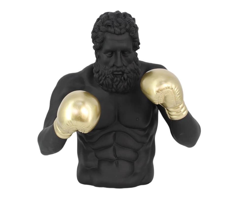 Estila Moderná dizajnová socha Zeus s motívom čiernej antickej figúry so zlatými boxovacími rukavicami v pop art štýle 48 cm 1