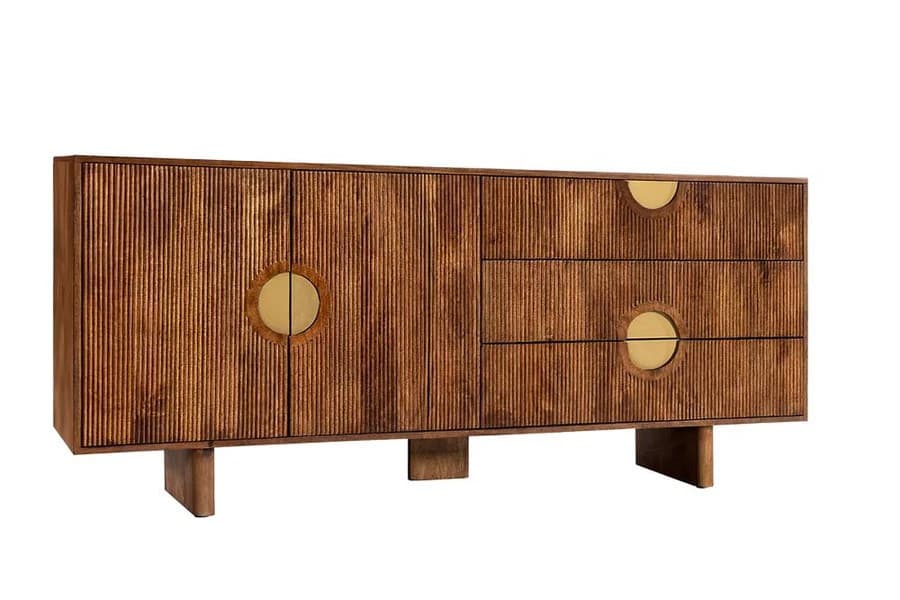 Estila Masívny art deco hnedý príborník Tores s tromi zásuvkami a dvomi dvierkami s drážkovaním a zlatými okrúhlymi úchytkami 180 cm 1