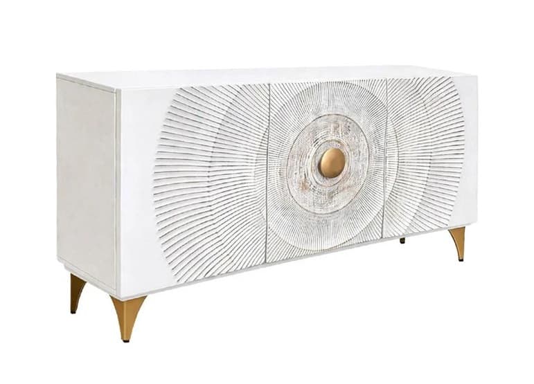 Estila Art deco biely trojdverový príborník Cumbria so zlatými nožičkami a okrúhlou úchytkou s 3D reliéfom s dizajnom slnka 140 cm