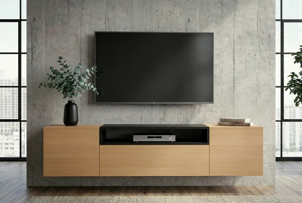 Estila Moderný obdĺžnikový hnedý nástenný dubový TV stolík Attica s dvomi dvierkami a zásuvkou s policou v čiernej farbe 160 cm 1
