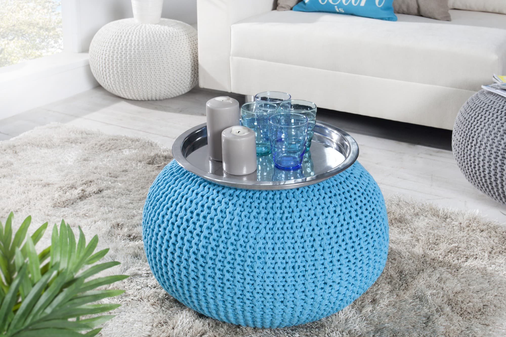 Estila Moderná okrúhla čalúnená modrá taburetka Stool s pletenou podstavou 45 cm 1