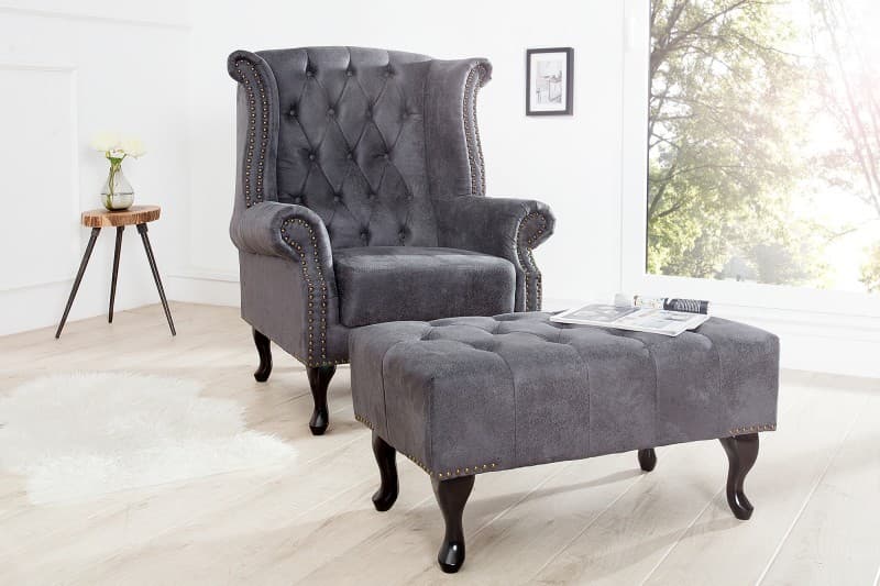Estila Luxusné kreslo Chesterfield šedá