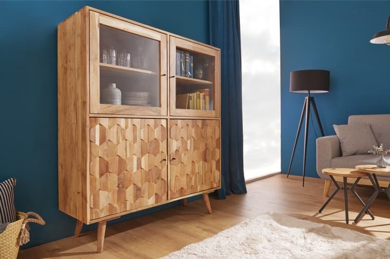 Estila Masívna vitrína Mozaika s geometrickým reliéfom 140cm akácia 1