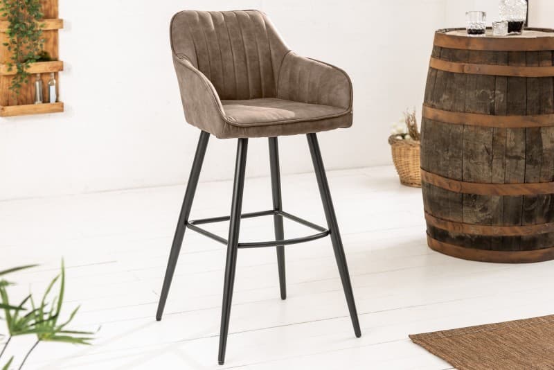 Estila Moderná barová stolička Vittel z mikrovlákna sivohnedej farby s čiernymi kovovými nohami 102cm