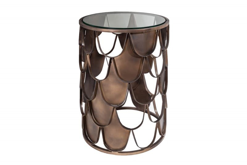 Estila Art-deco bronzový príručný stolík Escama s kruhovou doskou zo skla a motívom šupín 40cm