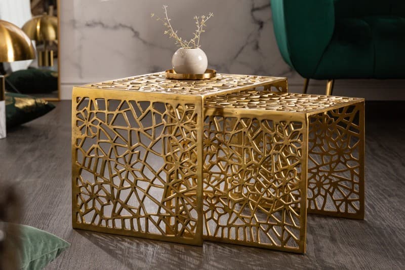 Estila Art-deco set štvorcových konferenčných stolíkov Hoja zlatej farby 1