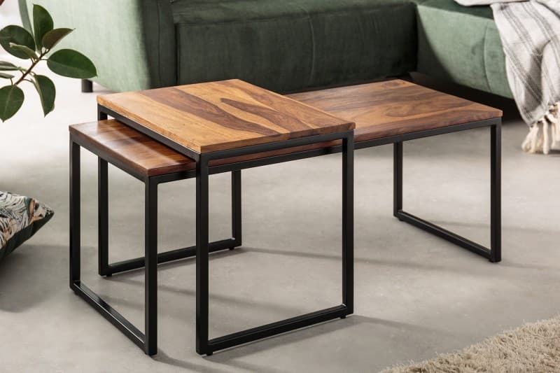 Estila Set industriálnych obdĺžnikových konferenčných stolíkov Elements v prírodnej hnedej farbe s čiernou kovovou podstavou 100cm