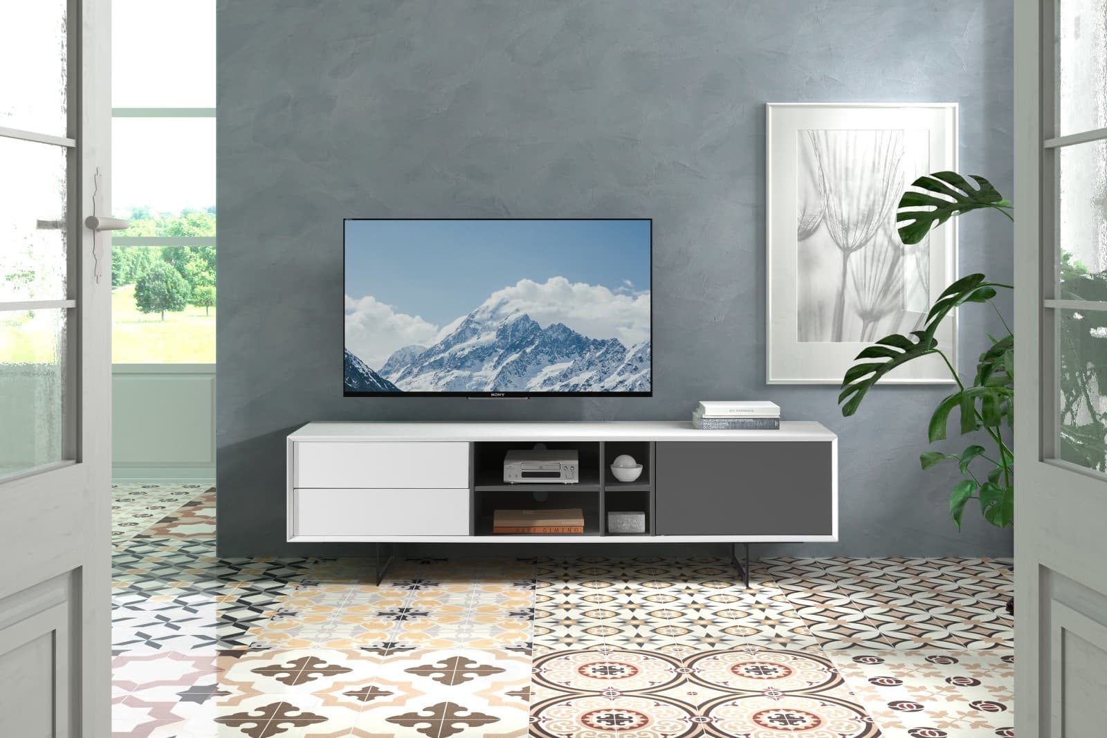 Estila Moderný TV stolík Chrysler v lesklom bielom prevedení so sivými zásuvkami s čiernymi nožičkami 180cm
