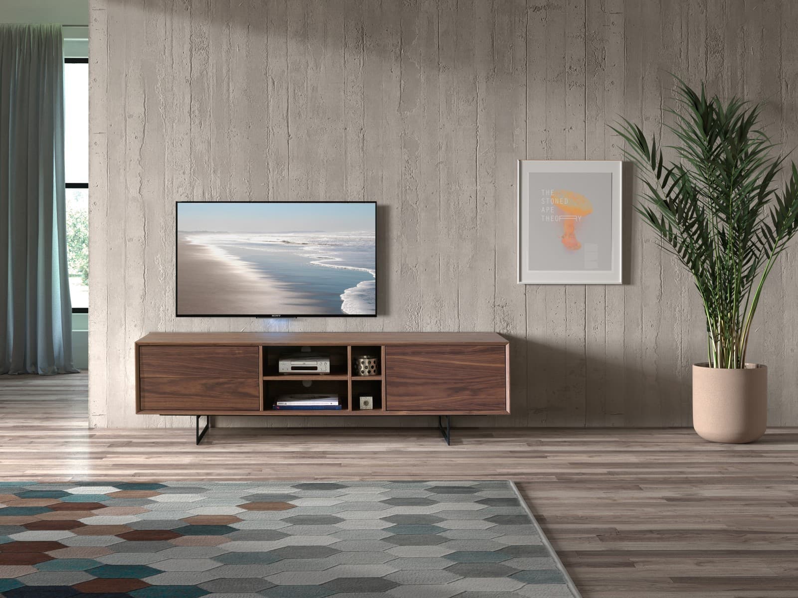 Estila Dizajnový TV stolík Chrysler v hnedej farbe s úložným priestorom s čiernymi nožičkami 180cm