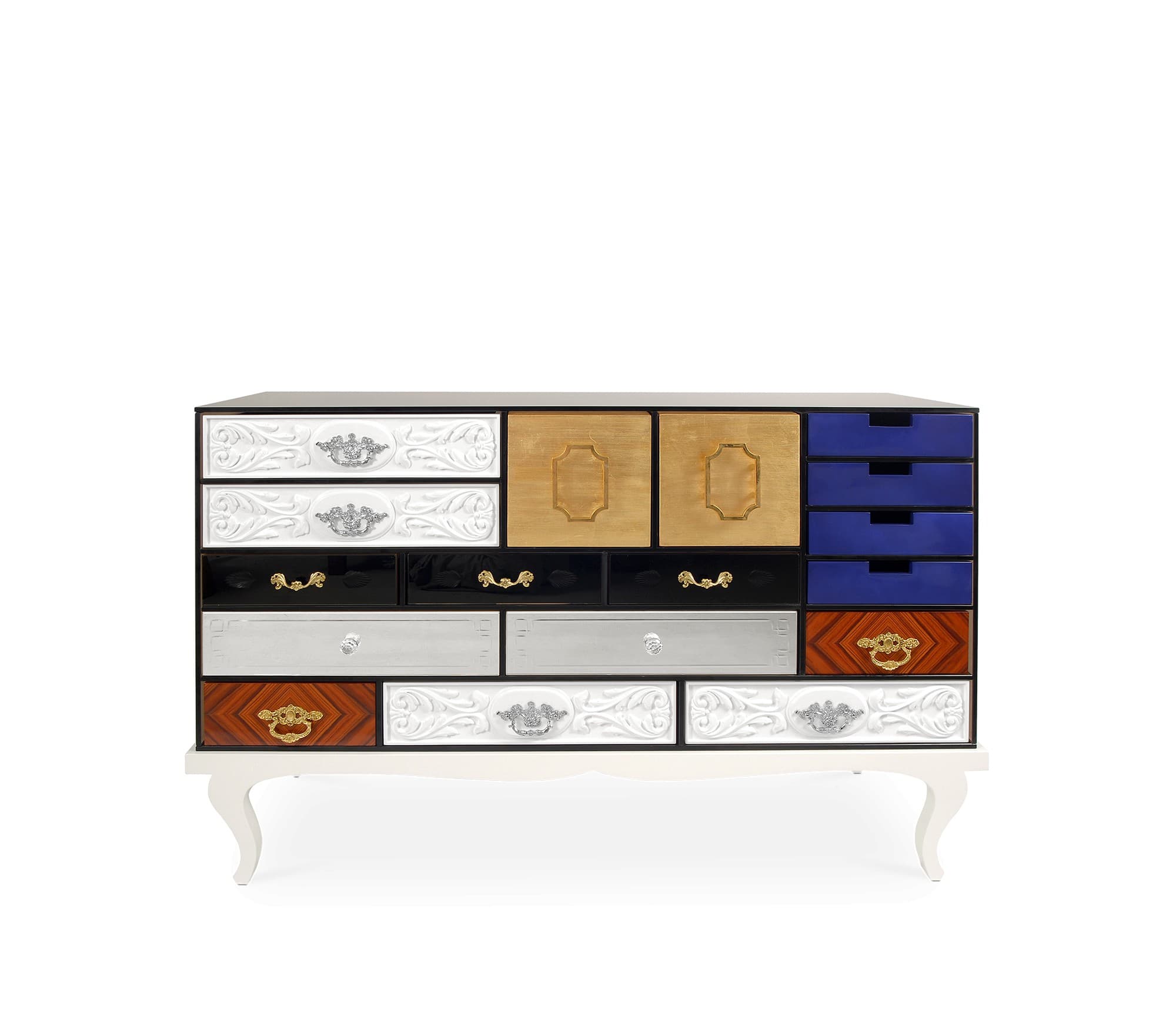 Estila Luxusná moderná komoda Mondrian z lakovaného masívneho dreva s 15timi dizajnovými zásuvkami a dvomi dvierkami 140cm 1