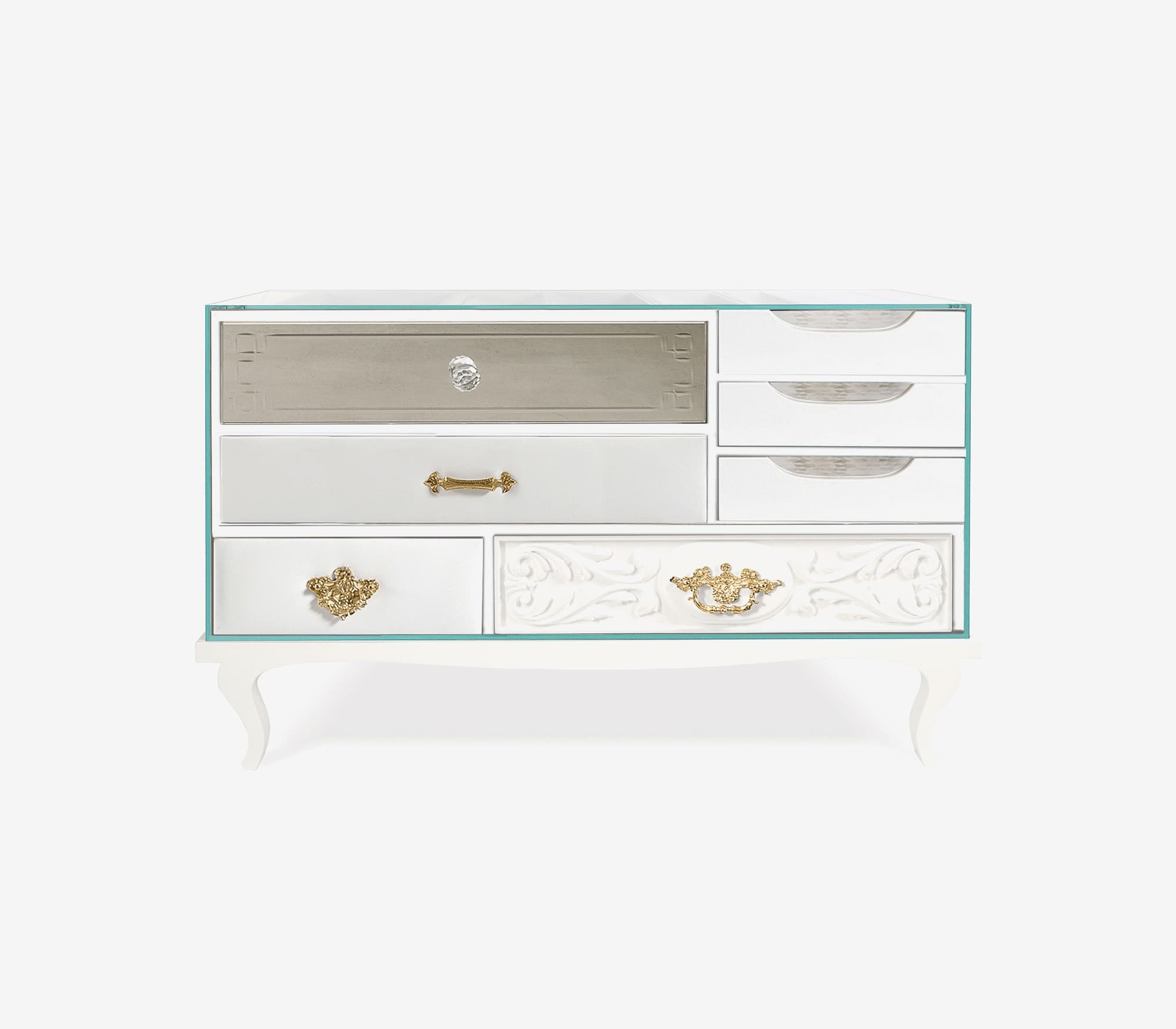 Estila Luxusný moderný biely nočný stolík Mondrian Blanc z lakovaného masívu a čírych skiel s pozlátenými detailmi 85cm 1