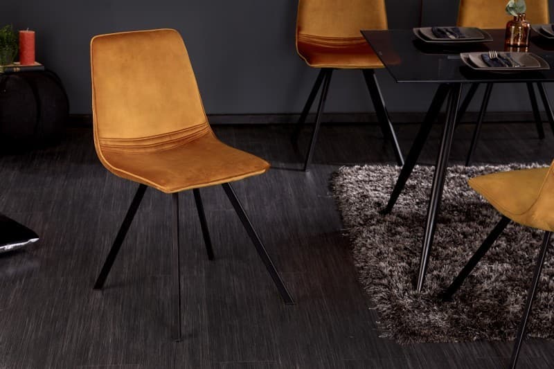Estila Industriálna moderná stolička Hartlepool Mustard so zamatovým poťahom a kovovými nožičkami 83cm 1