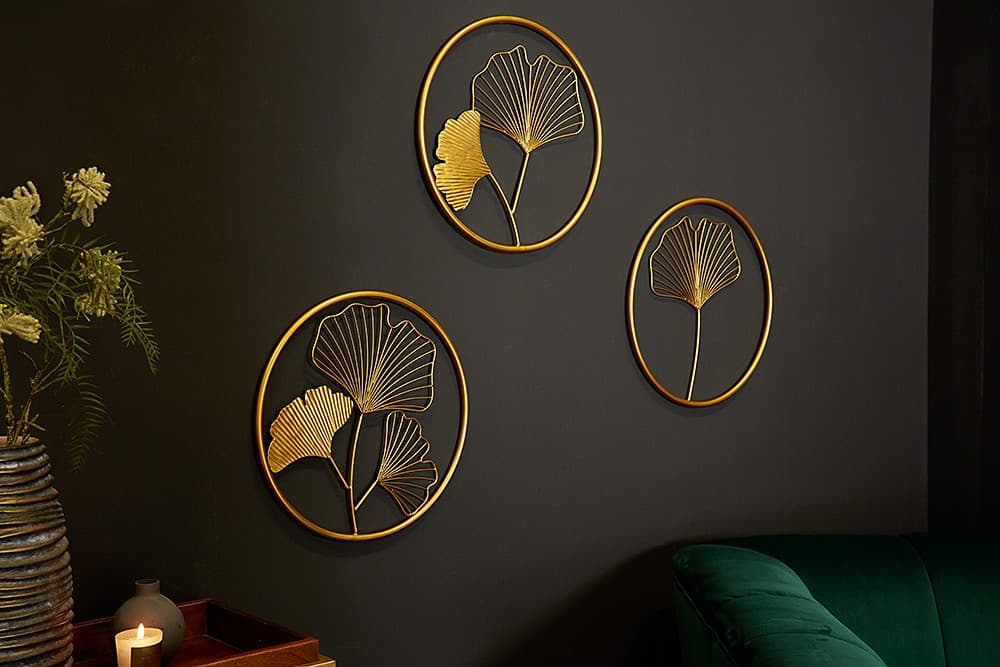 Estila Moderný set florálnych okrúhlych nástenných kovových dekorácií Biloba II zlatej farby 40cm