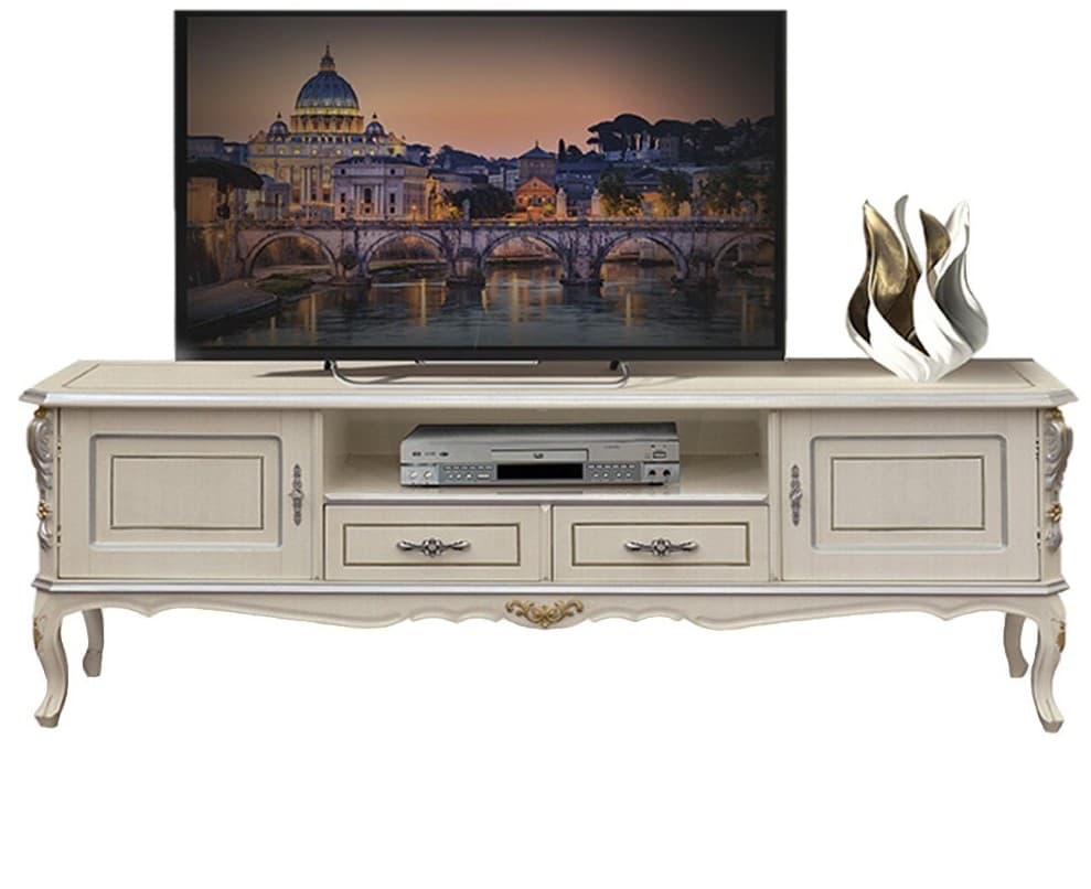 Estila Luxusný klasický TV stolík Clasica z dreveného masívu s vyrezávanou výzdobou a úložným priestorom na chippendale nožičkách 184cm