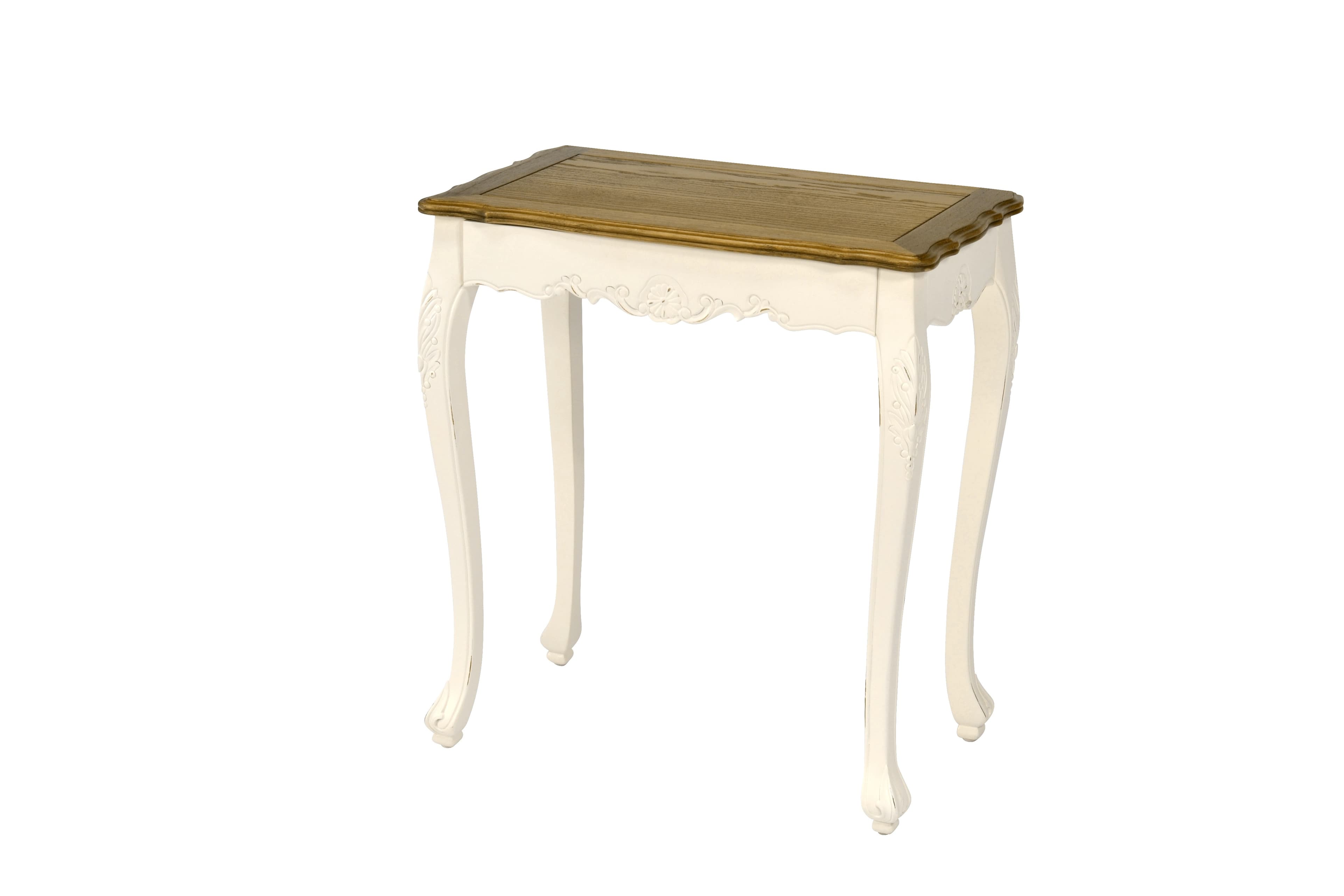 Estila Provensálsky vyrezávaný príručný stolík Preciosa z masívneho dreva v krémovo bielej farbe s prírodne hnedou vrchnou doskou 75cm 1