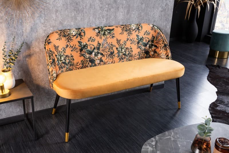 Estila Art-deco štýlová lavica Floreque do predsiene so zamatovým žltým poťahom s kvetinovým vzorom 130cm