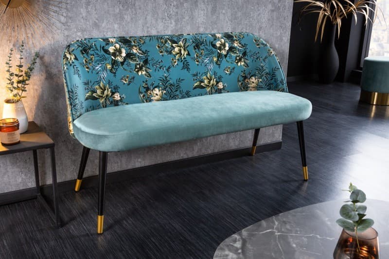 Estila Moderná art-deco lavica Floreque do predsiene s tyrkysovým zamatovým čalúnením s florálnym motívom 130cm