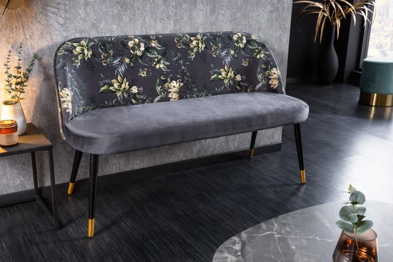 Estila Moderná art-deco čalúnená lavica Floreque do predsiene so sivým zamatovým poťahom s florálnym motívom 130cm
