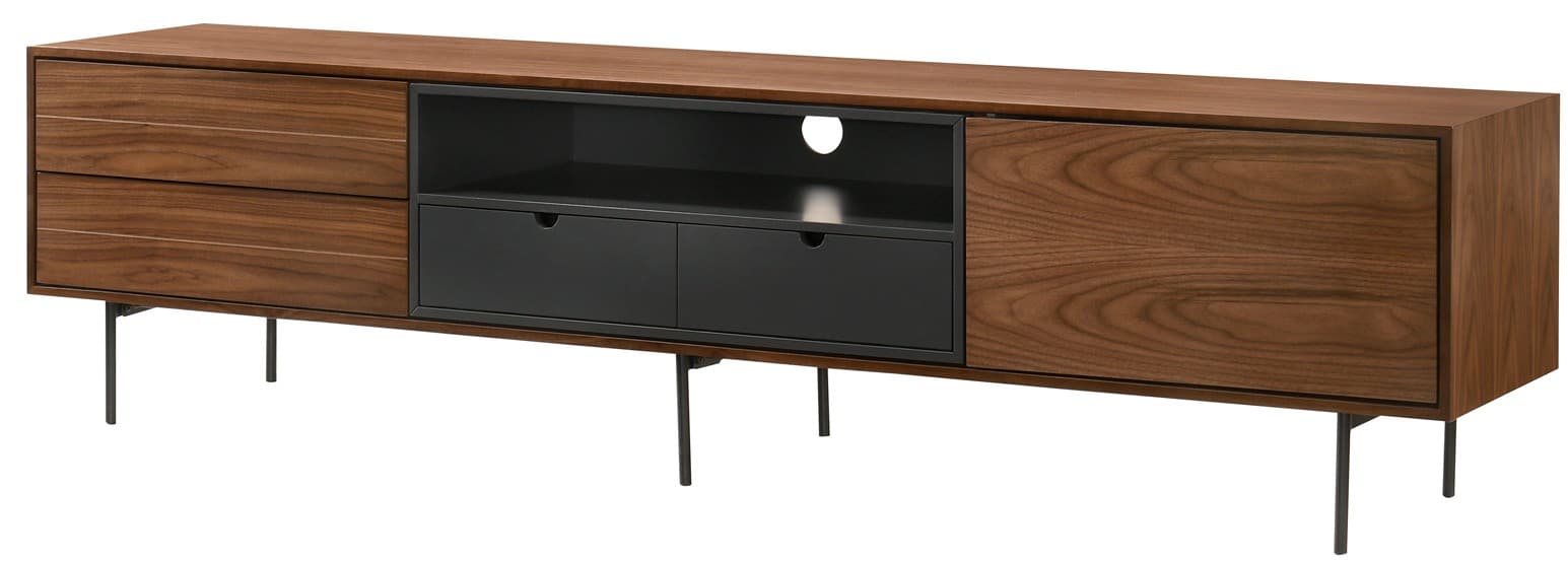 Estila Moderný TV stolík Nordica Nogal v orechovo hnedej farbe so zásuvkami a dvierkami s čiernymi kovovými nožičkami 200cm 1