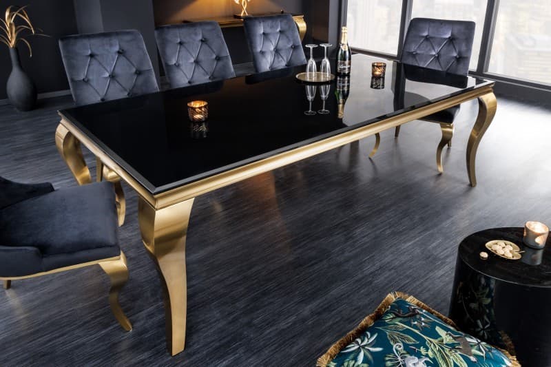 Estila Moderný jedálenský stôl Gold Barock v barokovom štýle zlatá konštrukcia a čierne opálové sklo 180cm 1
