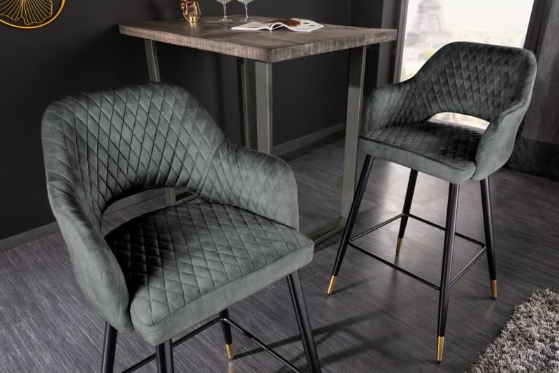 Estila Zamatová barová stolička Fribourg v štýle art deco v sivozelenej farbe na čiernych šikmých nožičkách so zlatým kovaním 104cm 1