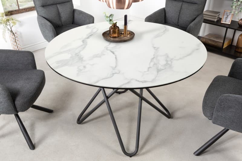 Estila Industriálny okrúhly jedálenský stôl Industria Marbleux v modernom prevedení so sklenenou doskou s mramorovým vzhľadom 120cm 1