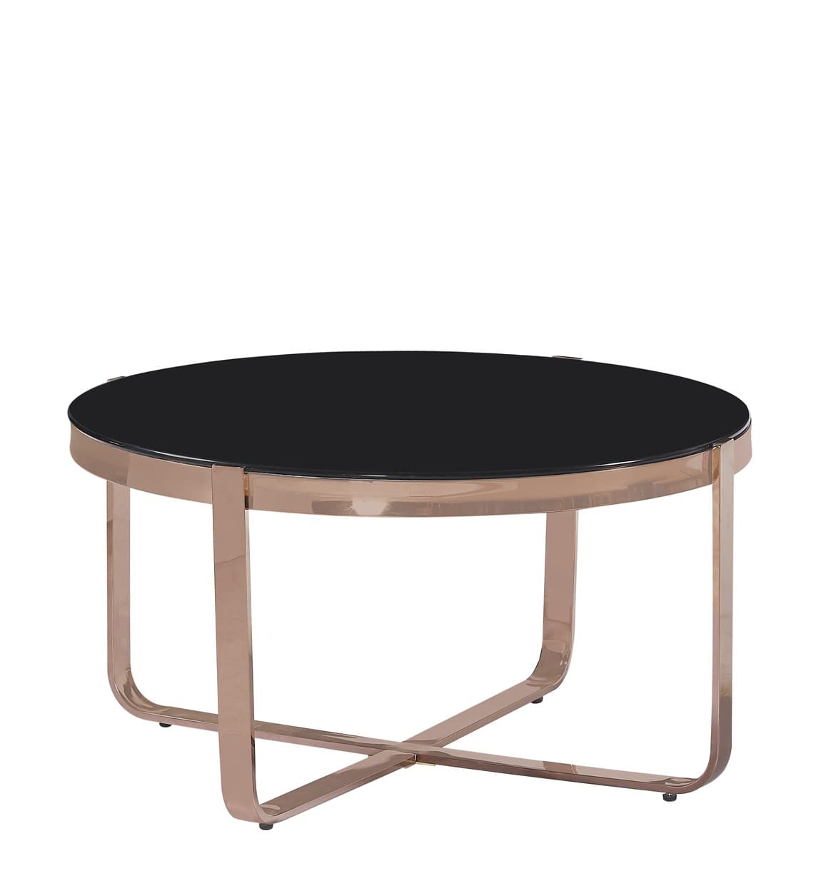 Estila Art-deco okrúhly konferenčný stolík Brilia s kovovou rose gold konštrukciou a čiernym temperovaným sklom 80cm 1