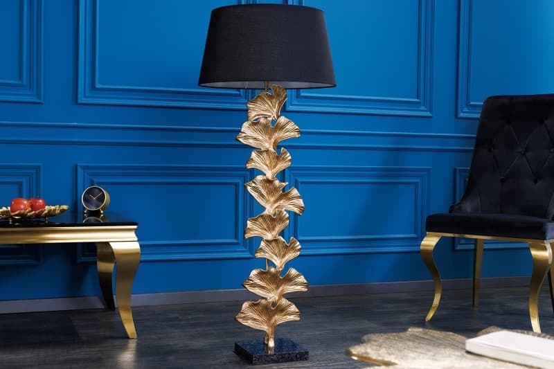 Estila Art deco stojaca lampa Ginka z kovu v zlatej farbe s čiernym textilným tienidlom 122cm 1