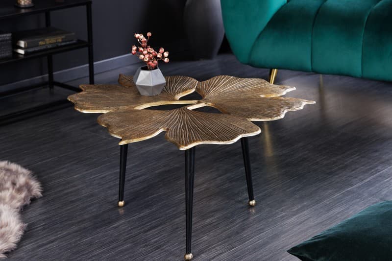 Estila Art-deco kovový konferenčný stolík Ginko v zlatej farbe s troma čiernymi nožičkami 75cm 1