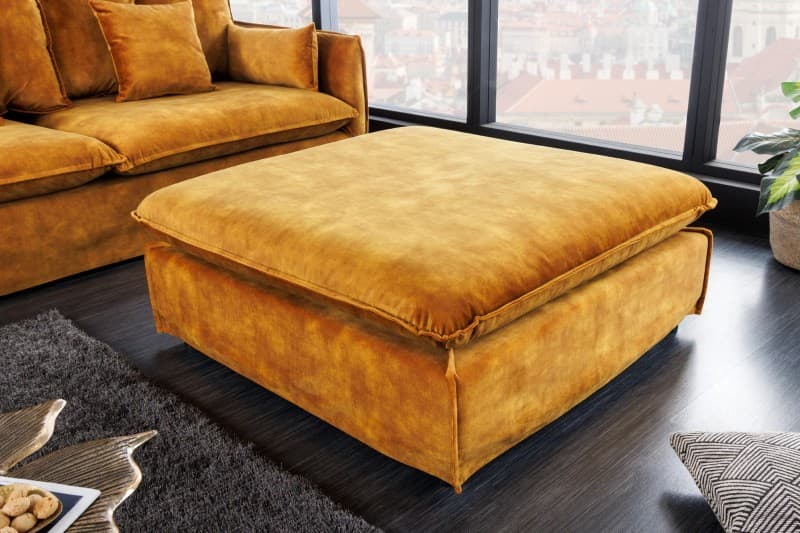 Estila Štýlový moderný taburet Heaven so žltým poťahom zo zamatu štvorcového tvaru 100cm 1
