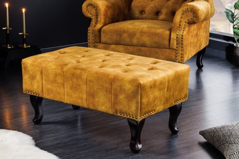 Estila Dizajnová taburetka Cella s Chesterfield zamatovým čalúnením s drevenými nožičkami horčicovo žltá 80cm 1