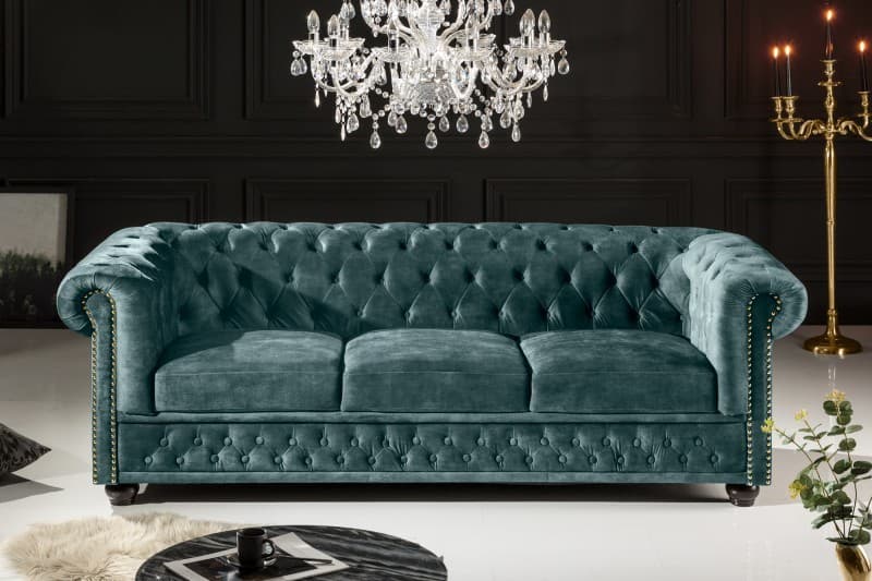 Estila Chesterfield trojsedačka Maya s petrolejovo zeleným zamatovým čalúnením 205cm 1