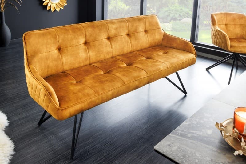 Estila Retro štýlová lavica Dunelon so žltým zamatovým čalúnením a čiernymi kovovými nožičkami 160cm