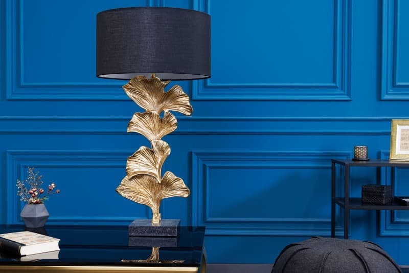 Estila Glamour art deco stolná lampa Ginko zlatej farby s čiernym okrúhlym tienidlom 70cm 1