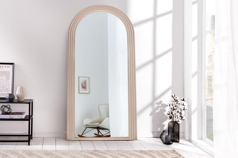 Estila Art deco dizajnové zrkadlo Swan oblúkového tvaru s béžovým kaskádovým rámom 160cm