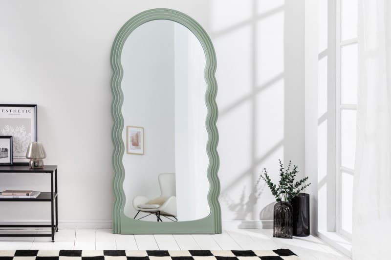 Estila Art deco moderné vysoké zrkadlo Swan s vlnitým rámom v pastelovej zelenej farbe 160cm