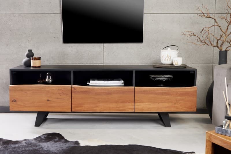 Estila Industriálny televízny stolík Tallero II z akáciového masívu na kovových nožičkách v hnedo čiernom prevedení 140cm 1