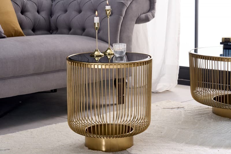 Estila Art deco dizajnový konferenčný stolík Esme so zlatou konštrukciou a okrúhlou čiernou doskou zo skla 40cm 1