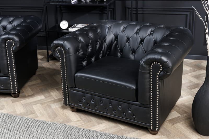 Estila Kožené kreslo Chesterfield v čiernom prevedení s dizajnovým strieborným zdobením 73cm