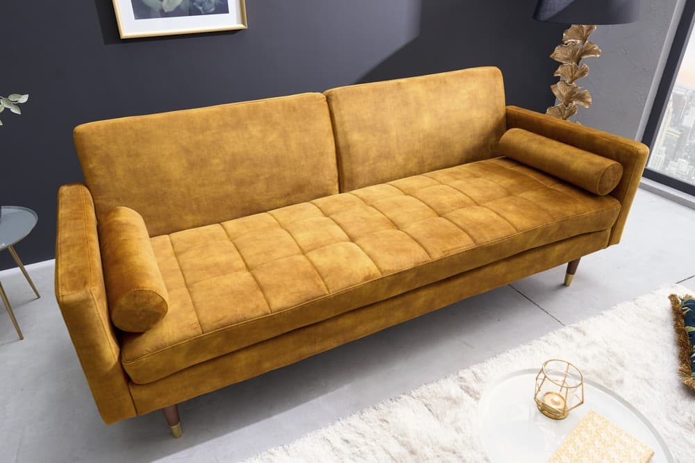 Estila Art-Deco rozkladatelná dvojsedačka Nefertiti z horčicovo žltého zamatu s brezovými nožičkami s zlatým koncom 195cm 1